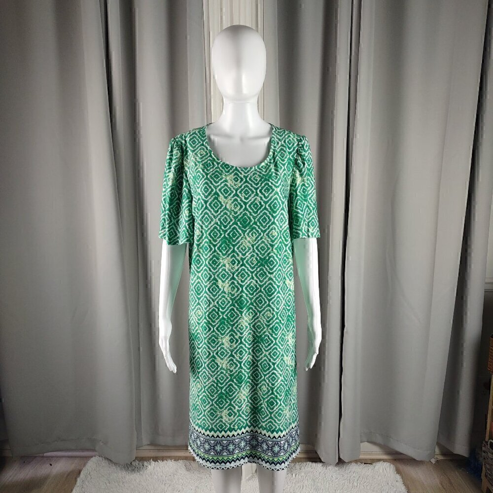 Kim Rogers Green White Geometric Sheath Midi Dress Stretch Elbow Sleeve L - Picture 1 of 10